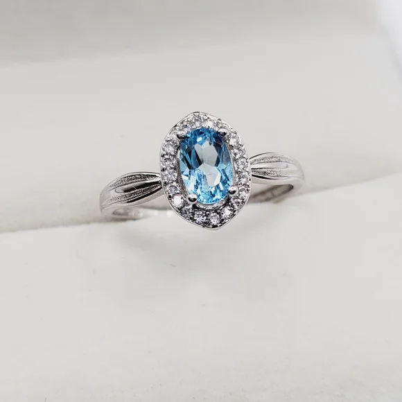 Natural Swiss Blue Topaz Sterling Silver Diamond Halo Ring - Picture 5 of 5